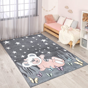 Tapis enfant gris avec un motif d'ourson sous les étoiles Ruby