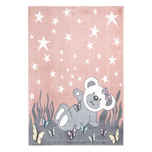 Tapis enfant rose avec un motif d'ourson sous les étoiles Ruby