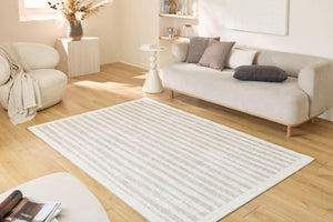 Tapis lavable beige à rayures blanches -  SÉVILLE GREGE