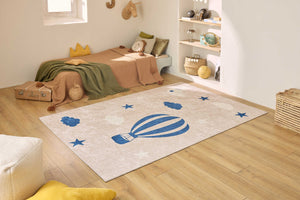 Tapis enfant lavable beige motif montgolfière bleue- DAKAR HAPPY