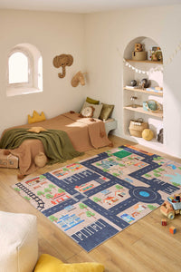 Tapis enfant lavable beige motif circuit dans la ville - DAKAR HAPPY