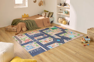 Tapis enfant lavable beige motif circuit dans la ville - DAKAR HAPPY