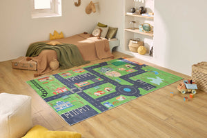 Tapis enfant lavable vert motif circuit dans la ville - DAKAR HAPPY