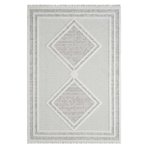 Tapis beige effet laine bouclée à motif losange et franges - LANA Lana