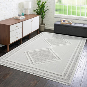 Tapis beige effet laine bouclée à motif losange et franges - LANA Lana