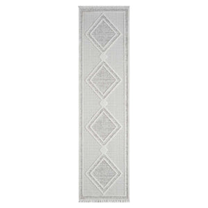 Tapis beige effet laine bouclée à motif losange et franges - LANA Lana