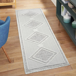 Tapis beige effet laine bouclée à motif losange et franges - LANA Lana