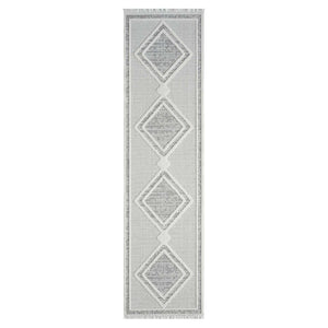 Tapis gris effet laine bouclée à motif losange et franges - LANA Lana