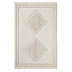 Tapis terracotta effet laine bouclée à motif losange et franges - LANA Lana