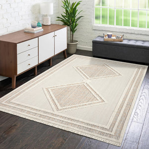 Tapis terracotta effet laine bouclée à motif losange et franges - LANA Lana