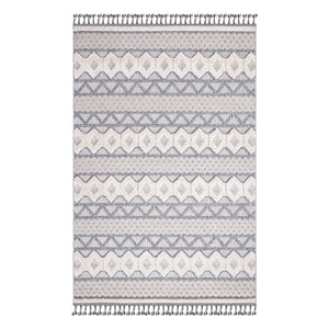 Tapis gris effet laine bouclée à franges tressées - motif géométrique- LUNA Luna