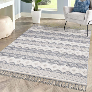 Tapis gris effet laine bouclée à franges tressées - motif géométrique- LUNA Luna