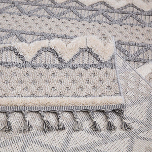 Tapis gris effet laine bouclée à franges tressées - motif géométrique- LUNA Luna