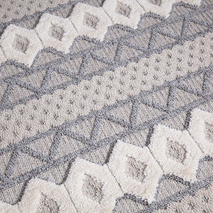 Tapis gris effet laine bouclée à franges tressées - motif géométrique- LUNA Luna