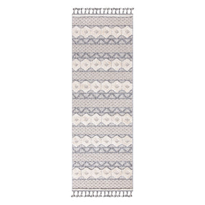 Tapis gris effet laine bouclée à franges tressées - motif géométrique- LUNA Luna