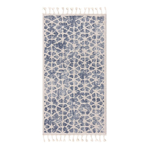 Tapis scandinave bleu et crème avec des franges tressées Nora