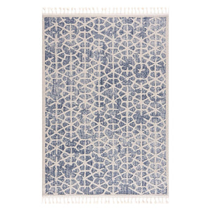 Tapis scandinave bleu et crème avec des franges tressées Nora