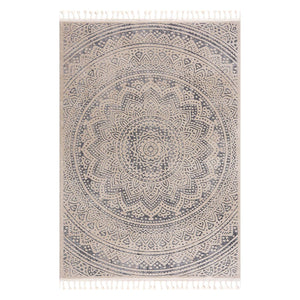 Tapis au motif de mandala gris avec des franges tressées Nora