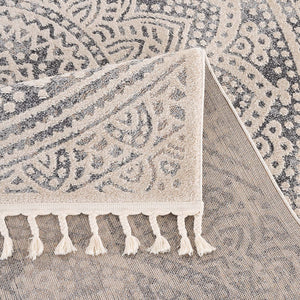 Tapis au motif de mandala gris avec des franges tressées Nora