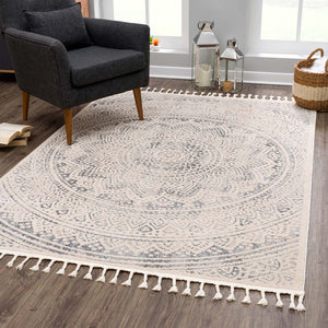 Tapis au motif de mandala gris avec des franges tressées Nora