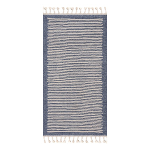 Tapis bleu à franges tréssées style scandinave bleu avec motif lignes blanches Nora