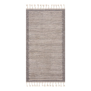 Tapis marron à franges tréssées style scandinave bleu avec motif lignes blanches Nora