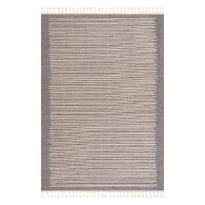 Tapis marron à franges tréssées style scandinave bleu avec motif lignes blanches Nora