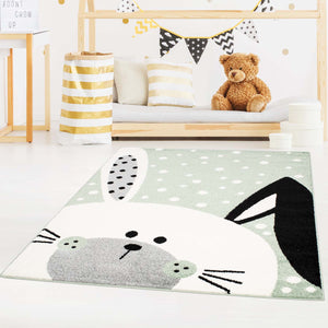 Tapis enfant vert avec un motif de tête de lapin - HUGGY Huggy