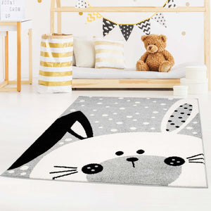 Tapis enfant gris  avec un motif de tête de lapin - HUGGY Huggy