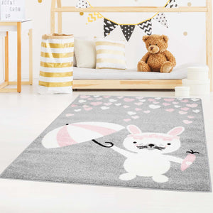 Tapis enfant gris avec petit lapin et cœurs - HUGGY Huggy