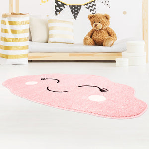 Tapis enfant rose avec un motif de nuage souriant - HUGGY Huggy