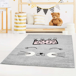 Tapis enfant gris avec une jolie frimousse de chat - HUGGY Huggy