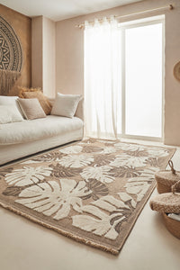Tapis jute bi matière aux motifs feuille de palmier marron Bruge Interiors